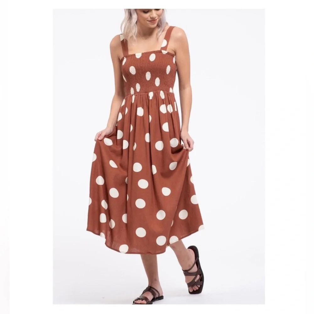 Altar'd State Brown / Burnt Orange and White Polka Dot Midi Dress - Picture 3 of 8